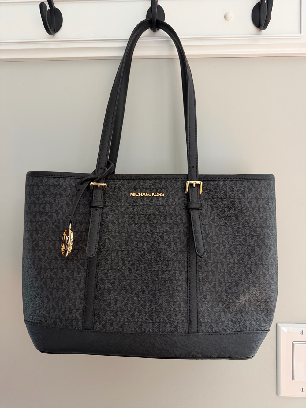 Michael Kors Black MK Logo Tote with Gold Hardware